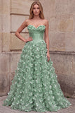 Groene korset A-lijn strapless satijnen maxi galajurk met 3D bloemenapplicaties