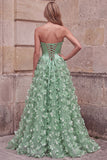 Groene korset A-lijn strapless satijnen maxi galajurk met 3D bloemenapplicaties