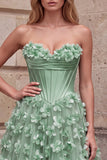 Groene korset A-lijn strapless satijnen maxi galajurk met 3D bloemenapplicaties