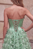 Groene korset A-lijn strapless satijnen maxi galajurk met 3D bloemenapplicaties