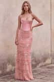 Roze korsetschede met pailletten strapless lange galajurk met gelaagde franjes