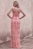 Roze korsetschede met pailletten strapless lange galajurk met gelaagde franjes