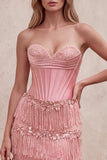 Roze korsetschede met pailletten strapless lange galajurk met gelaagde franjes