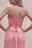 Roze korsetschede met pailletten strapless lange galajurk met gelaagde franjes