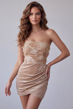 Champagnefluweel pailletten applicaties strapless gerimpelde bodycon korte cocktailjurk