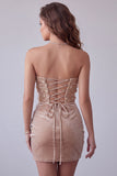 Champagnefluweel pailletten applicaties strapless gerimpelde bodycon korte cocktailjurk
