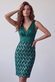 Donkergroene satijnen V-hals kant Bodycon gerimpelde midi cocktailjurk