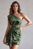 Eucalyptus Eenschouder Fluwelen Bodycon Korte Cocktailjurk met drapering