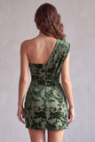 Eucalyptus Eenschouder Fluwelen Bodycon Korte Cocktailjurk met drapering
