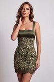 Olijfvierkante satijnen halsapplicaties pailletten kanten bodycon korte cocktailjurk