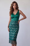 Donkergroene satijnen V-hals bodycon kanten midi cocktailjurk met franjes