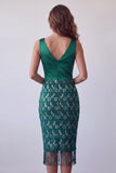 Donkergroene satijnen V-hals bodycon kanten midi cocktailjurk met franjes
