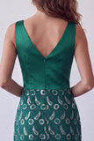 Donkergroene satijnen V-hals bodycon kanten midi cocktailjurk met franjes