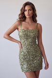 Olijfpailletten Bloemige Appliquen Spaghetti Straps Bodycon Korte Cocktailjurk