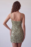 Olijfpailletten Bloemige Appliquen Spaghetti Straps Bodycon Korte Cocktailjurk