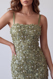 Olijfpailletten Bloemige Appliquen Spaghetti Straps Bodycon Korte Cocktailjurk