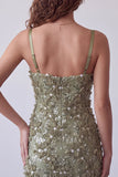 Olijfpailletten Bloemige Appliquen Spaghetti Straps Bodycon Korte Cocktailjurk
