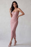 Roze Sequins Bodycon strapless lange cocktailjurk met split achterin