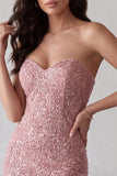 Roze Sequins Bodycon strapless lange cocktailjurk met split achterin