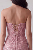 Roze Sequins Bodycon strapless lange cocktailjurk met split achterin