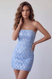 Hemelsblauwe pailletten kant strapless korte bodycon cocktailjurk met veter achterrug
