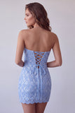 Hemelsblauwe pailletten kant strapless korte bodycon cocktailjurk met veter achterrug