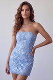 Hemelsblauwe pailletten kant strapless korte bodycon cocktailjurk met veter achterrug