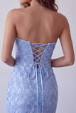 Hemelsblauwe pailletten kant strapless korte bodycon cocktailjurk met veter achterrug