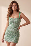 Green Bodycon vierkante hals verenkorte cocktailjurk met pailletten
