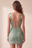 Green Bodycon vierkante hals verenkorte cocktailjurk met pailletten