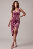 Fuchsia Bodycon Sweetheart Velvet gerimpelde midi cocktailjurk met split