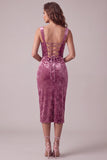 Fuchsia Bodycon Sweetheart Velvet gerimpelde midi cocktailjurk met split