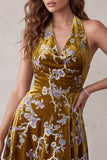 Mosterdgoud fluwelen halter met fluweelprint asymmetrisch hoog laag kort cocktailjurk