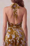Mosterdgoud fluwelen halter met fluweelprint asymmetrisch hoog laag kort cocktailjurk
