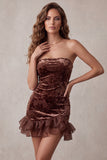 Chocolates Bodycon strapless fluwelen bloemen korte cocktailjurk met ruches