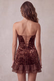 Chocolates Bodycon strapless fluwelen bloemen korte cocktailjurk met ruches