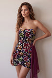 Bordeauxrode fluweelbedrukte strapless bodycon korte cocktailjurk met drapering