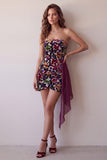 Bordeauxrode fluweelbedrukte strapless bodycon korte cocktailjurk met drapering
