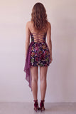 Bordeauxrode fluweelbedrukte strapless bodycon korte cocktailjurk met drapering