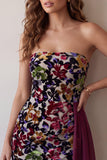 Bordeauxrode fluweelbedrukte strapless bodycon korte cocktailjurk met drapering