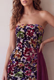 Bordeauxrode fluweelbedrukte strapless bodycon korte cocktailjurk met drapering