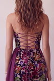 Bordeauxrode fluweelbedrukte strapless bodycon korte cocktailjurk met drapering