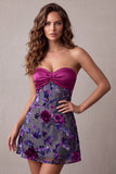 Fuchsia A-lijn satijnen strapless bloemen korte cocktailjurk