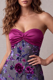 Fuchsia A-lijn satijnen strapless bloemen korte cocktailjurk