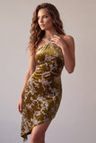 Mosterdgoud fluwelen halter asymmetrisch hoog met lage halter bedrukte korte cocktailjurk