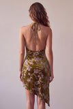 Mosterdgoud fluwelen halter asymmetrisch hoog met lage halter bedrukte korte cocktailjurk