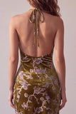 Mosterdgoud fluwelen halter asymmetrisch hoog met lage halter bedrukte korte cocktailjurk