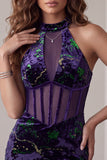 Donkerpaarse korset Doorschijnende Bodycon Fluweelen Cocktailjurk Hoge Hals, Doorschijnende Bodycon