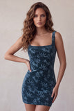 Marineblauw bedrukt Bodycon Square Neck Korte Cocktailjurk