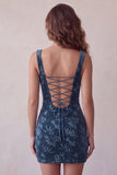 Marineblauw bedrukt Bodycon Square Neck Korte Cocktailjurk